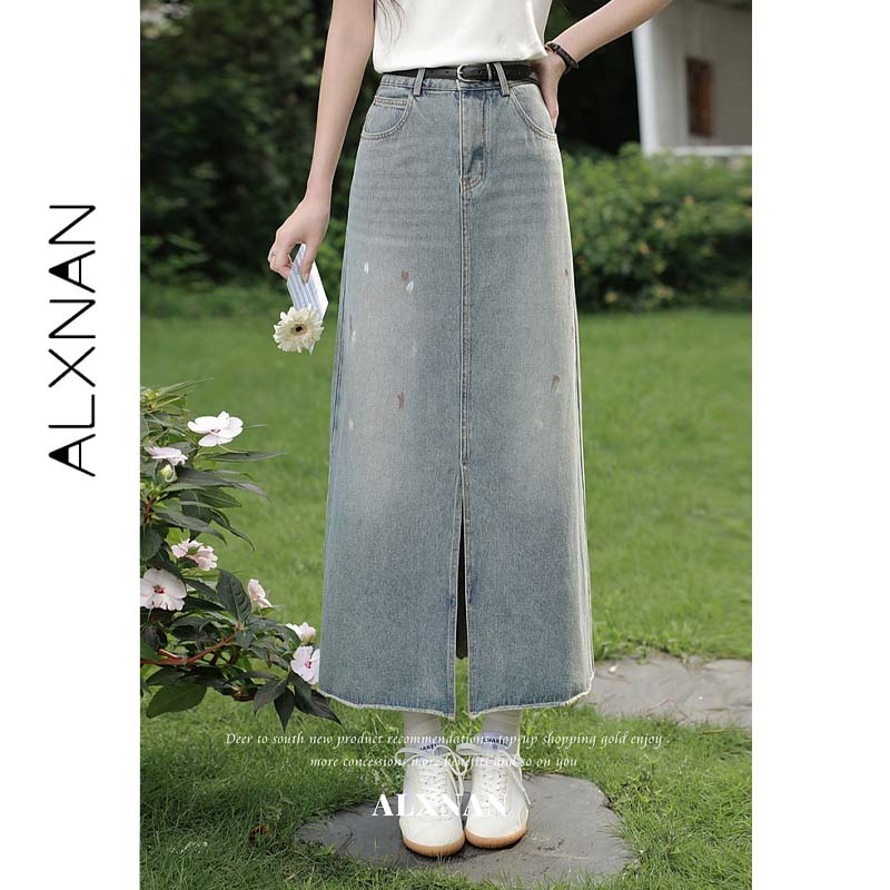 Denim Skirt Midi Vintage - Jupe longue décontractée ALXNAN pour femme,