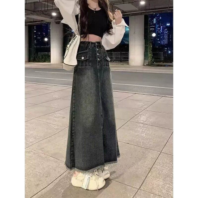 Denim Skirt Midi Vintage - Jupe mi-longue en jean taille haute