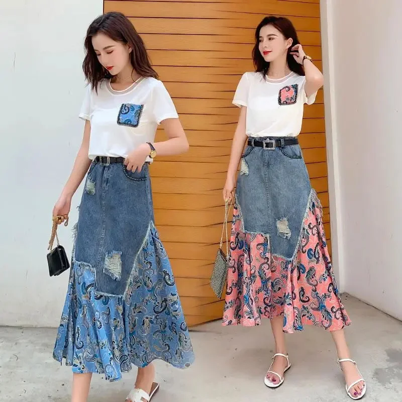 Denim Skirt Midi Vintage - Été taille haute jupes longues femme