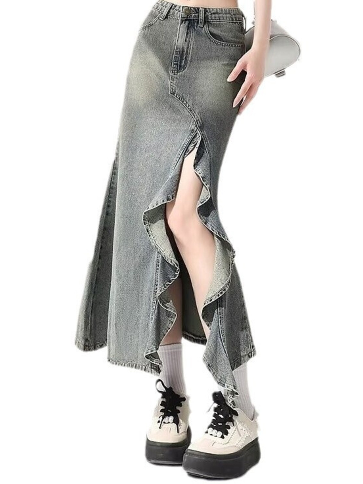 Denim Skirt Midi Vintage - Jupe longue sirène en jean délavé
