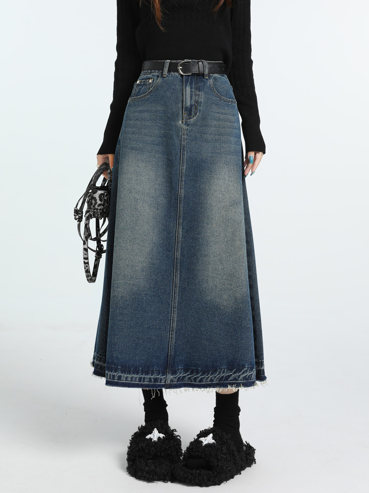Denim Skirt Midi Vintage - Taille haute Vintage a-ligne jean jupes