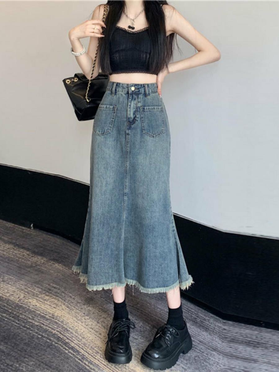 Denim Skirt Midi Vintage - Jupe midi en jean pour femme,