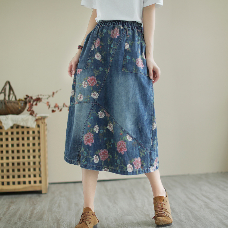 Denim Skirt Midi Vintage - Japonais Vintage Mori fille fleur imprimé