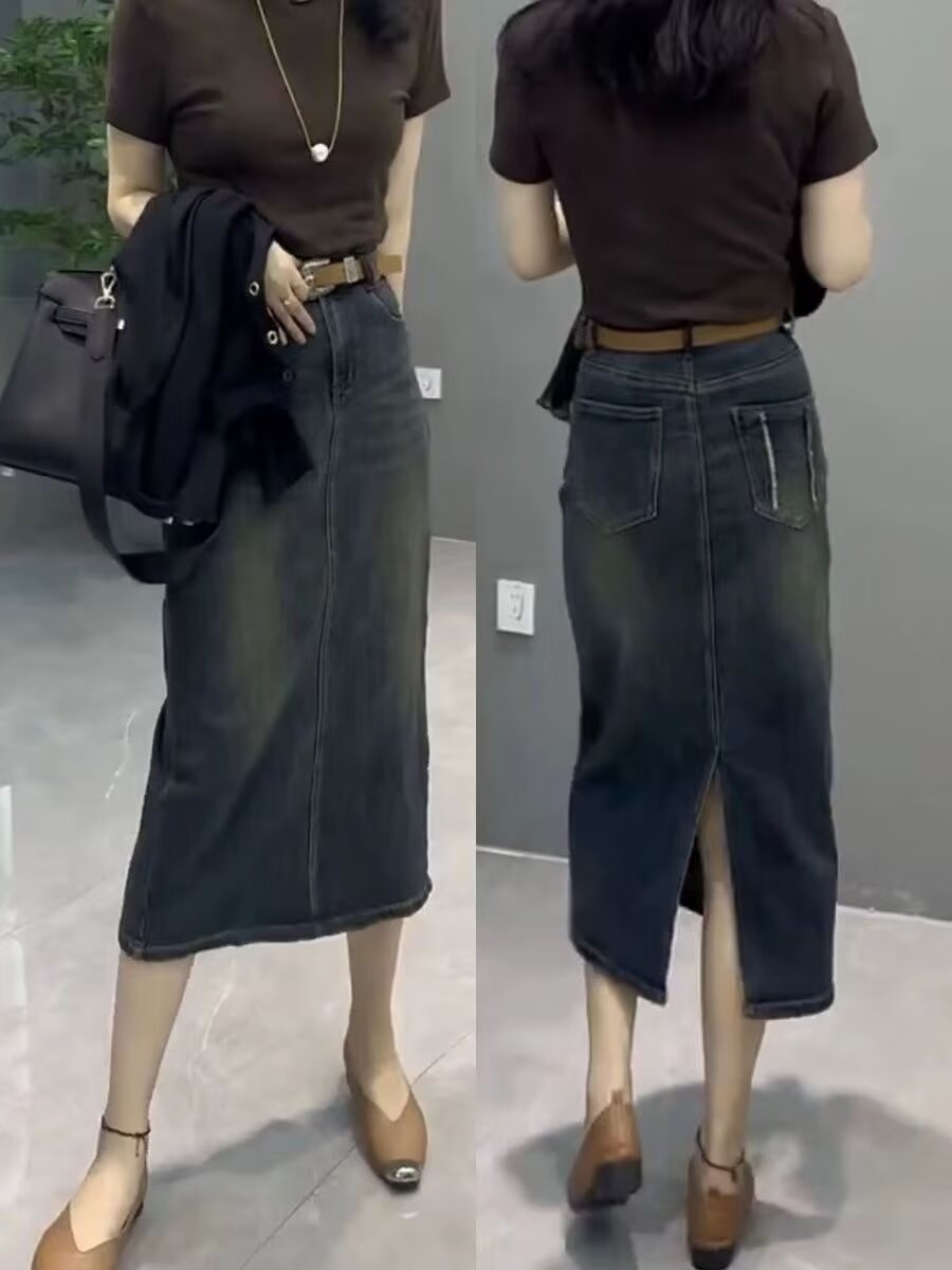 Denim Skirt Midi Vintage - Jupe en jean mi-longue taille haute