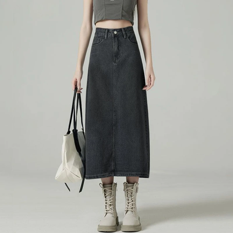 Denim Skirt Midi Vintage - Jupes en jean femmes Midi fente