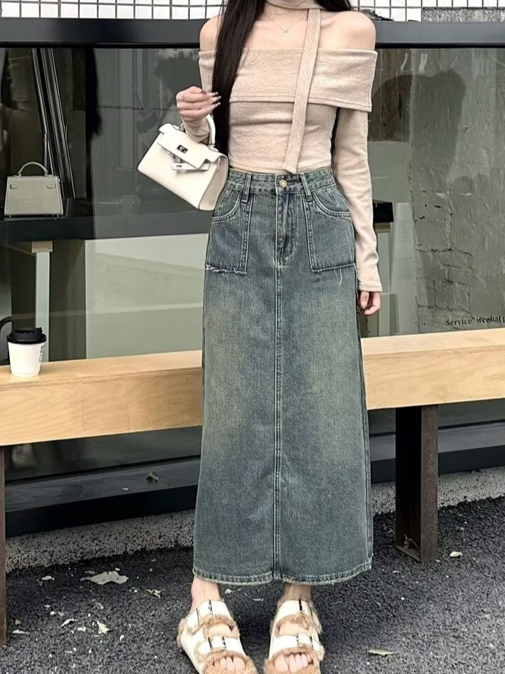 Denim Skirt Midi Vintage - Jupe en jean mi-longue taille haute