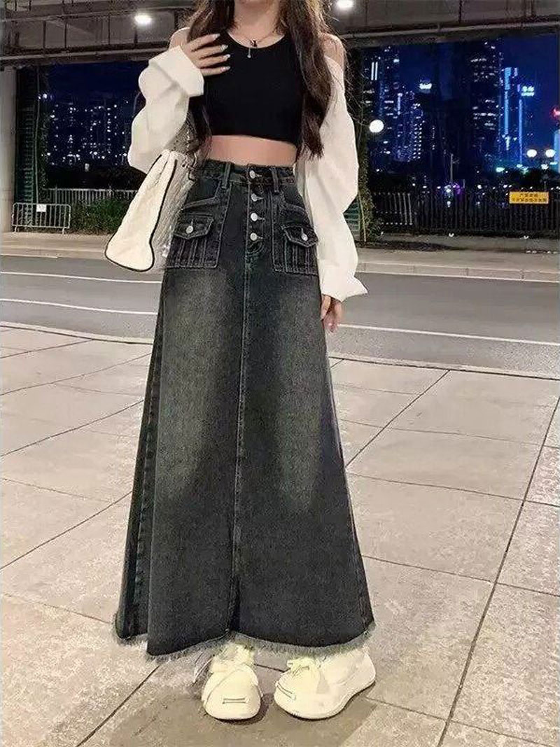 Jupe mi-longue en jean taille  - Denim Skirt Midi Vintage avis et prix