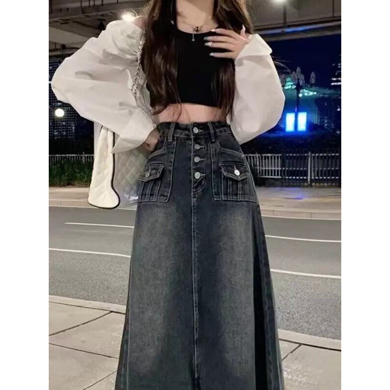 Jupe mi-longue en jean taille  - Denim Skirt Midi Vintage avis et prix