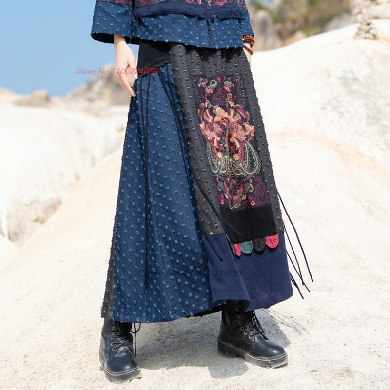 Jupe traditionnelle ethnique e - Denim Skirt Midi Vintage avis et prix