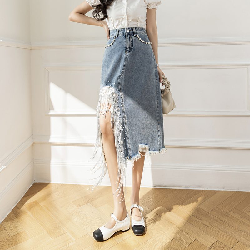 Vintage S-5XL Split Pearl Bead - Denim Skirt Midi Vintage avis et prix
