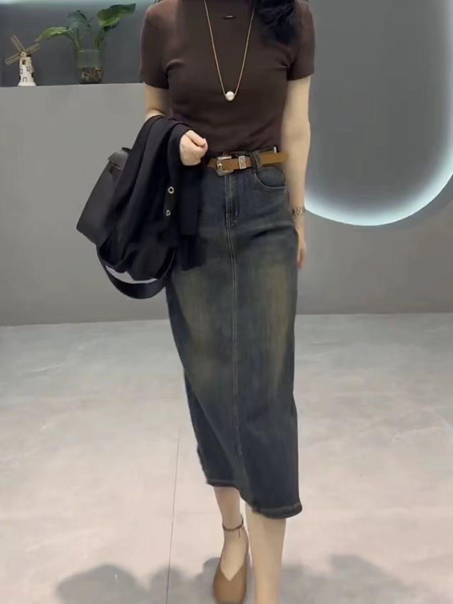 Jupe en jean mi-longue taille  - Denim Skirt Midi Vintage avis et prix