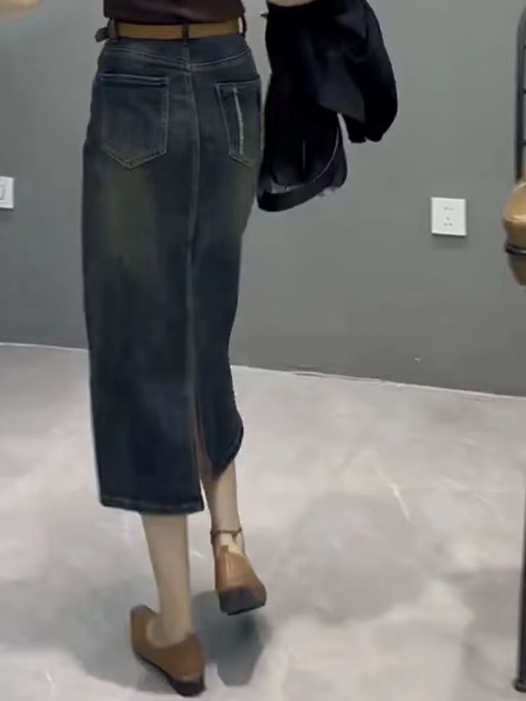Jupe en jean mi-longue taille  - Denim Skirt Midi Vintage avis et prix