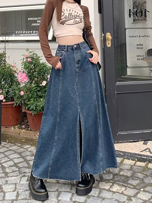 Jupe en jean fendue à taille h - Denim Skirt Midi Vintage avis et prix