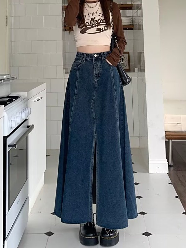 Jupe en jean fendue à taille h - Denim Skirt Midi Vintage avis et prix