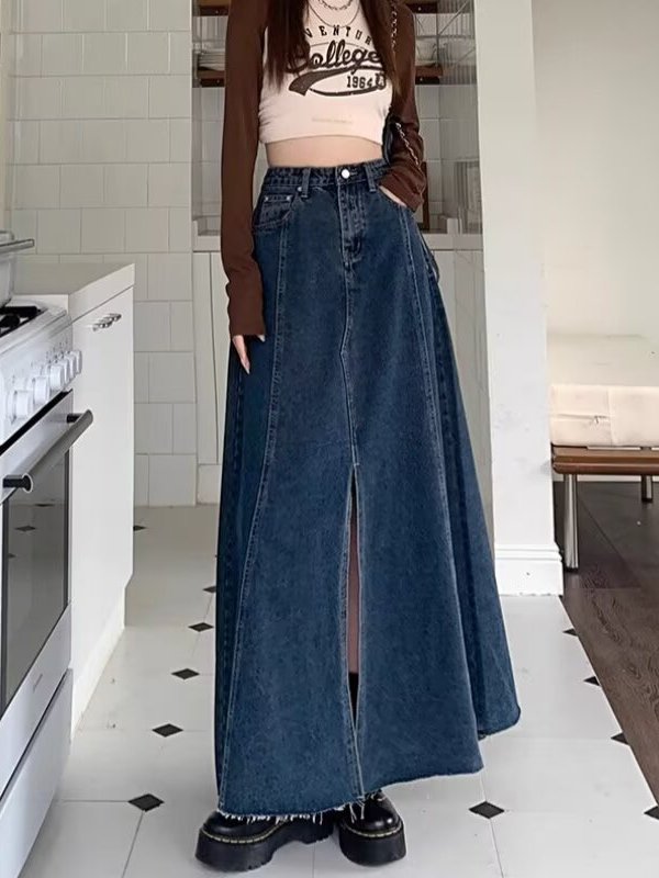 Jupe en jean fendue à taille h - Denim Skirt Midi Vintage avis et prix