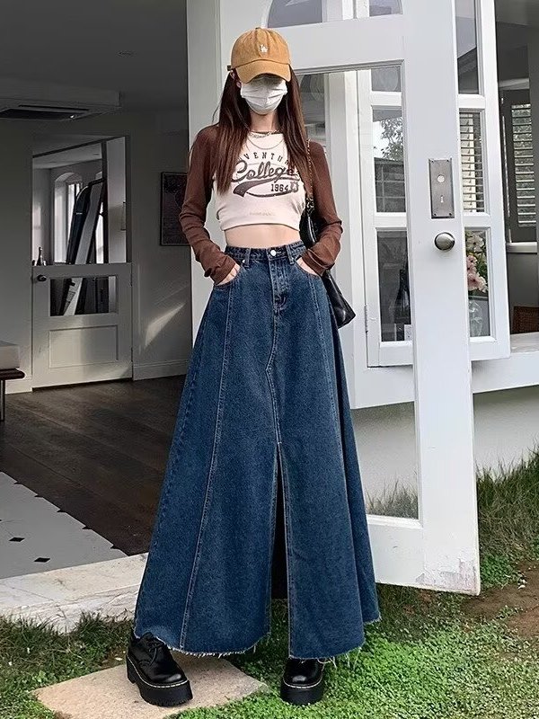 Jupe en jean fendue à taille h - Denim Skirt Midi Vintage avis et prix