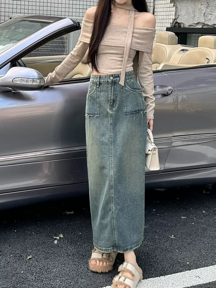 Jupe en jean mi-longue taille  - Denim Skirt Midi Vintage avis et prix
