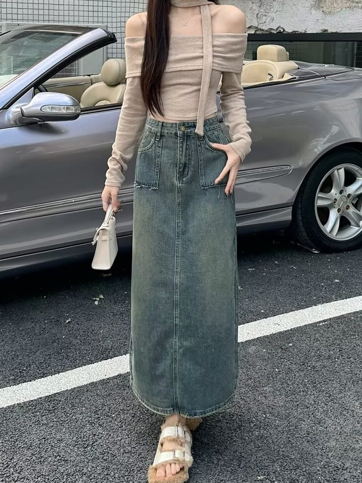 Jupe en jean mi-longue taille  - Denim Skirt Midi Vintage avis et prix