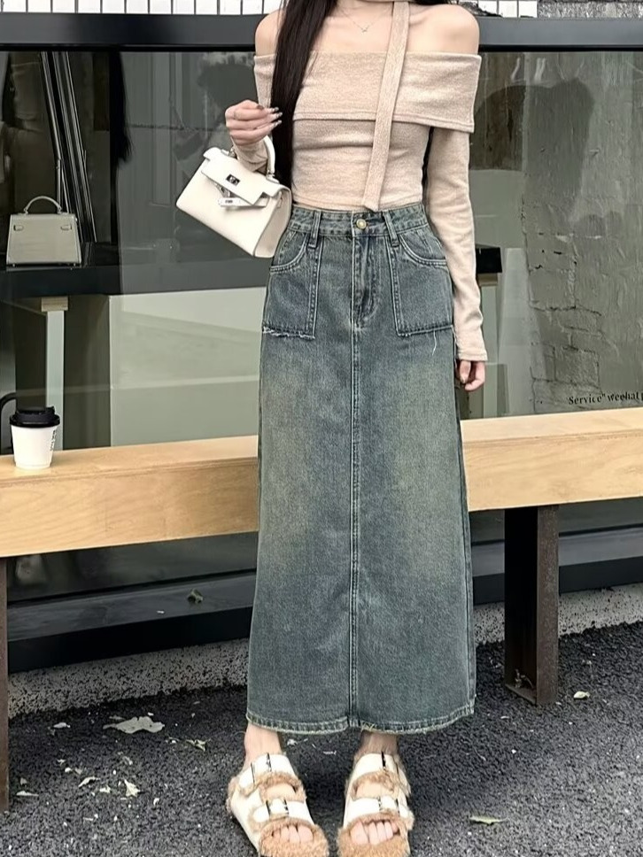 Jupe en jean mi-longue taille  - Denim Skirt Midi Vintage avis et prix